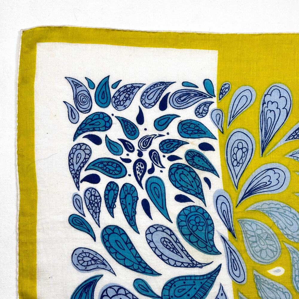 Vintage 50s 60s Signed Kati Handkerchief Paisley Chartreuse Blue Cotton Hanky - Picture 3 of 7